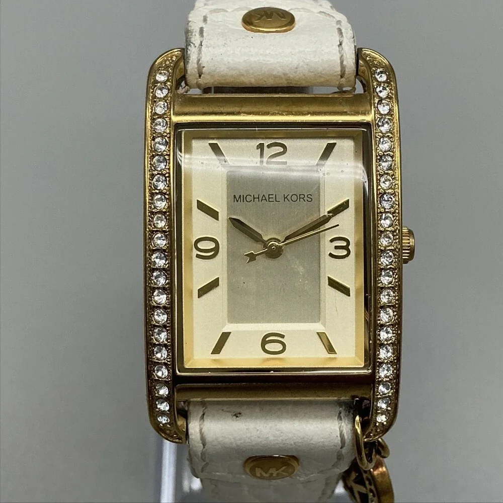 Michael Kors Womens Watch 26mm Gold Dial Crystala Leather MK-2213 New Battery